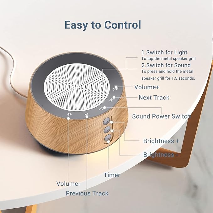 BGOVERSS White Noise Sound Machine with 20 Soothing Sounds, 10 Colors Night Light Sleep Machines Home Office Travel, 5 Timers and Memory Feature Sound Machine for Nursery Baby Kids Adults (Wood)