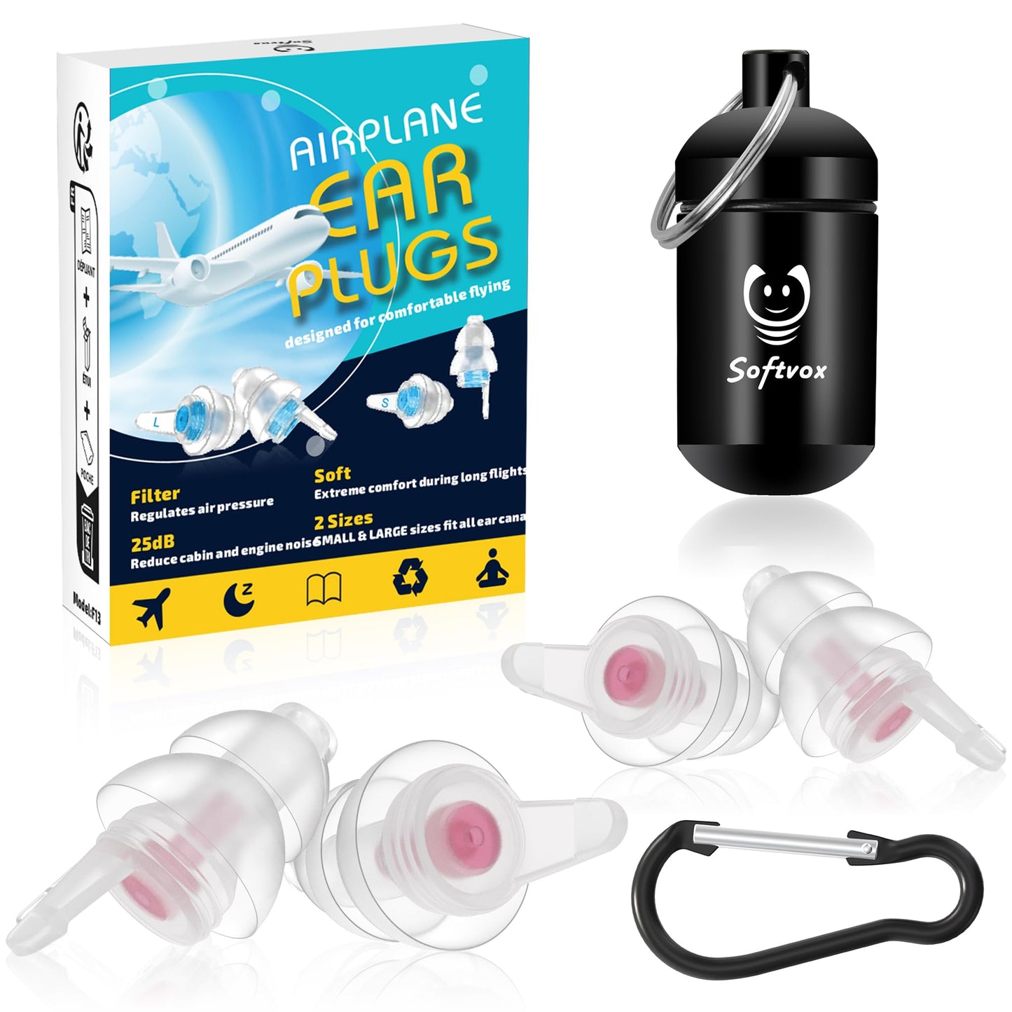 Softvox Airplane Ear Plugs 2 Pairs, Prevent Ear Pain Pressure Equalizing Earplugs, Plane Travel Essentials, 100x Reusable Comfy Flight Earbuds for Adults Kids 12+, 2 Sizes, 25 dB Noise Reduction, PK
