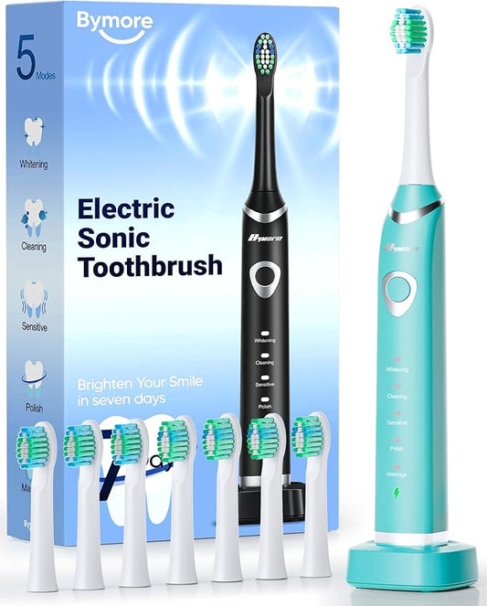 Bymore Electric Toothbrush for Adults,Kids ElectricToothbrush,Travel Sonic Kids Toothbrush with 8 Replacement Heads,Ultra Soft RechargeableToothbrush-Blue