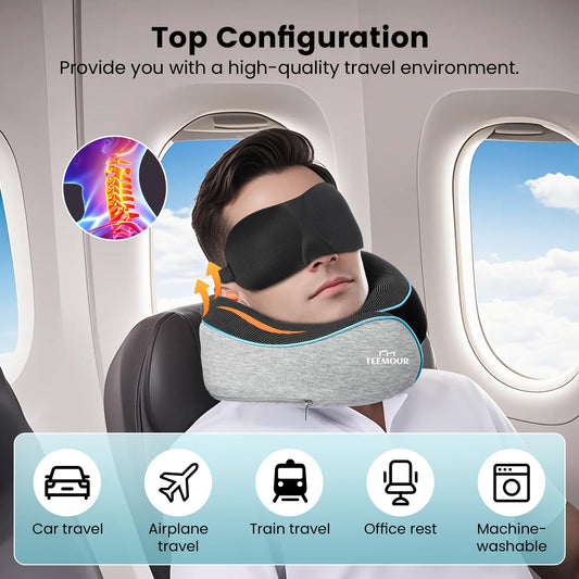 Upgraded Neck Pillow for Airplane Travel - 360° Support Gifts for Women/Men/Mom/Dad, Memory Foam Travel Pillow With Eye Mask & Earplugs, Portable Carry Bag for Long Flights| Best Airplane Accessories