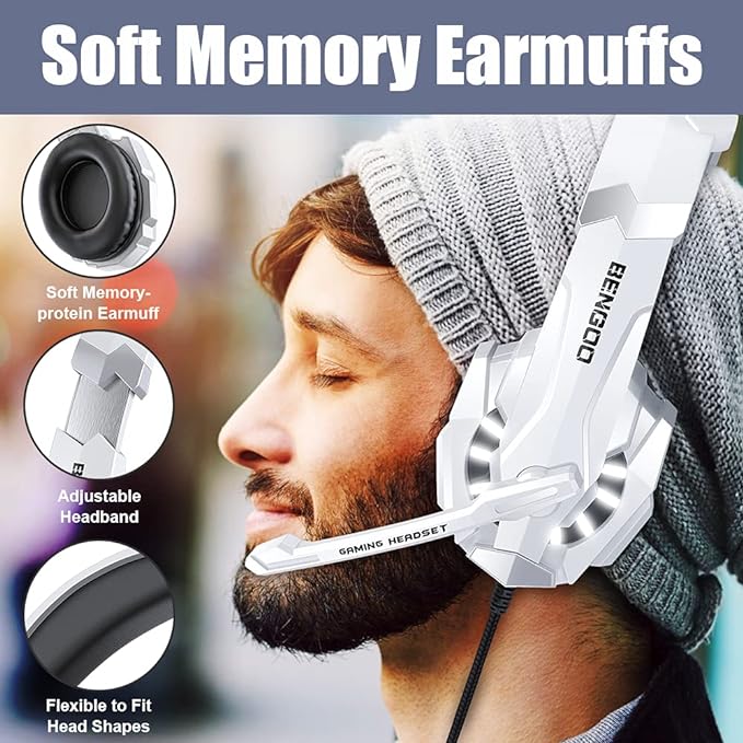 BENGOO Pro Gaming Headset for PS4 PS5 PC Xbox One Controller, Noise Cancelling Over Ear Headphones with Mic, LED Light, Bass Surround, Soft Memory Earmuffs for Laptop Mac - White