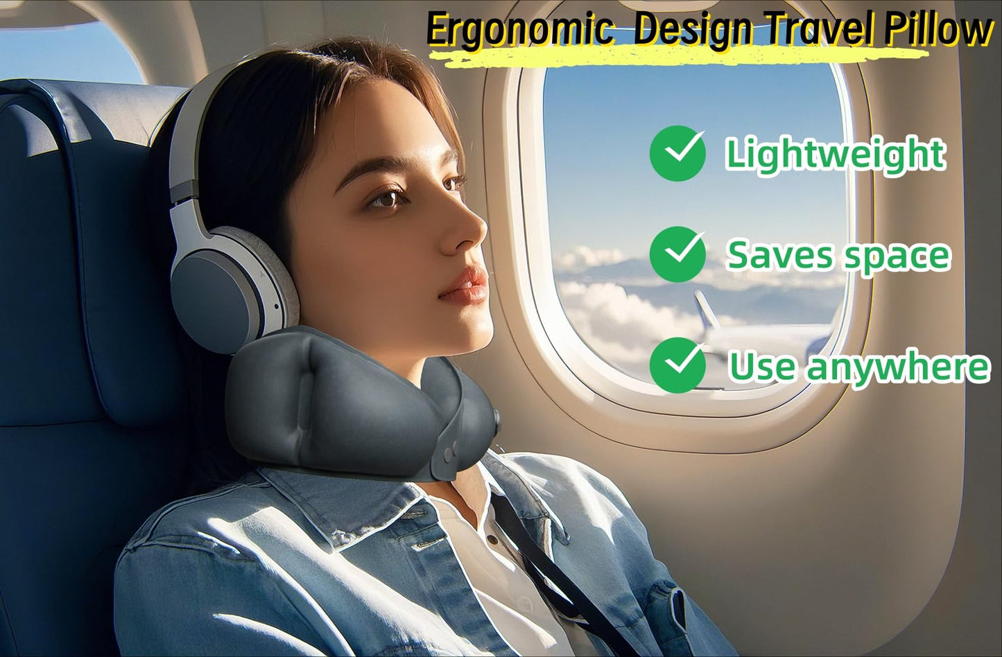 NQQNQQ J-10 Inflatable U-Shaped Travel Pillow, Compact Neck Support Cushion for Airplane, 3D Ergonomic Design, 5s Fast Inflation, Portable Neck Rest for Sleeping & Travel. (Gray)