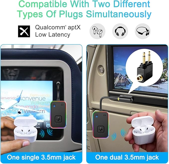 2025 Beeitzie Ultra Airplane Bluetooth 5.4 Transmitter for All Headphones, aptX LL, Supports 2 Headphones/AirPods, Wireless Audio Adapter for in-Flight, TV, Gym, Tablets，Metal Frame