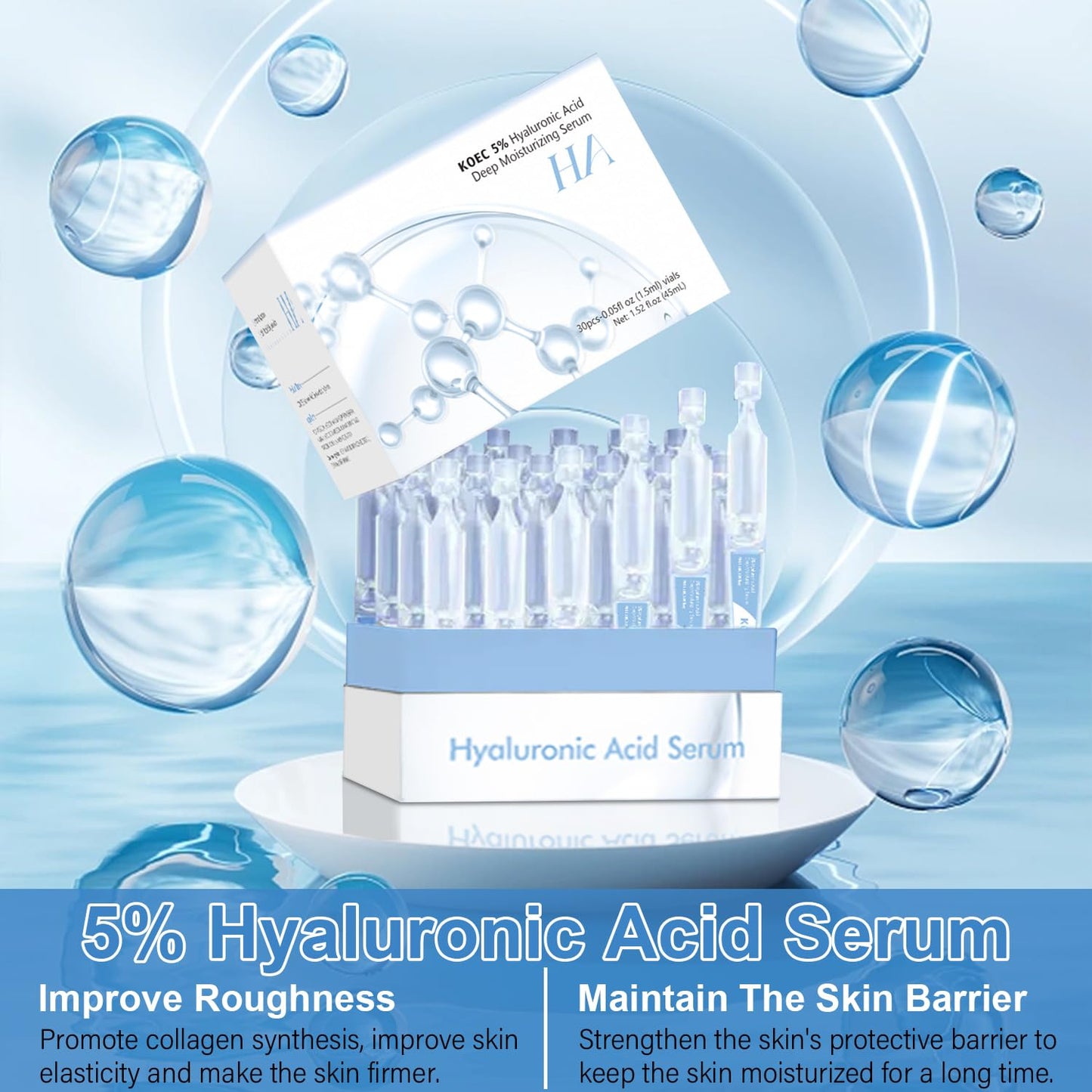 5% Hyaluronic Acid Serum Ultra-Moisturizing Vials,Hyaluronic Acid Facial Serum, Single-Use Hyaluronic Acid Tubes,Intensive Hydration,Enhances Skin Elasticity,Pre-Makeup Moisturizing Care (1 Box of 30)