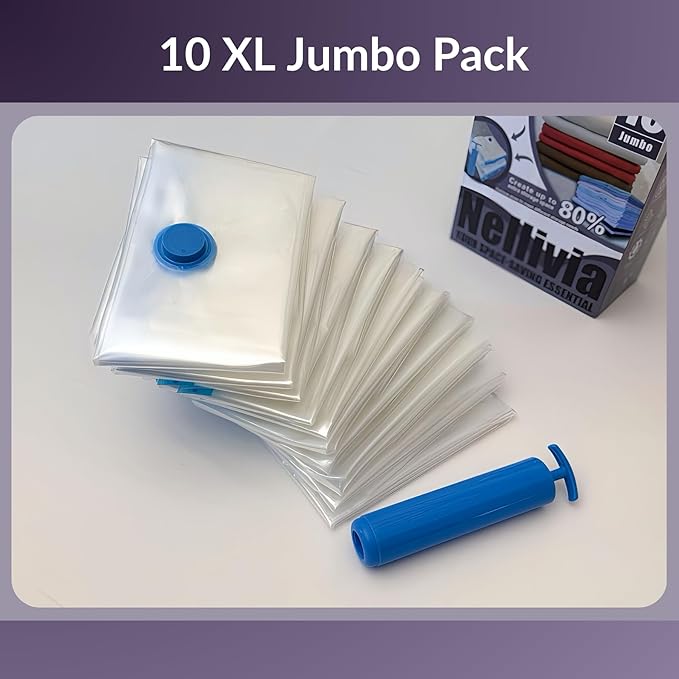 10 XL Jumbo Vacuum Storage Bags with Pump, Extra Large Compression Space Saver for Comforter, Duvet, Bedding, Blanket Storage, Vacuum Seal Bags for Clothing, Luggage Closet Organizer