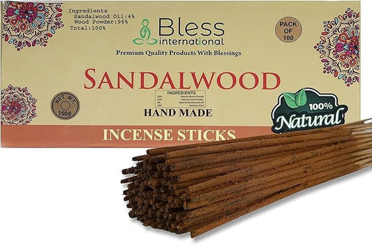 Bless-Sandalwood 100%-Natural-Handmade-Hand-Dipped-Incense-Sticks Organic-Chemicals-Charcoal-Free Purification-Relaxation-Positivity-Yoga-Meditation Best-Woods-Scent (100 Sticks (5.25 OZ))