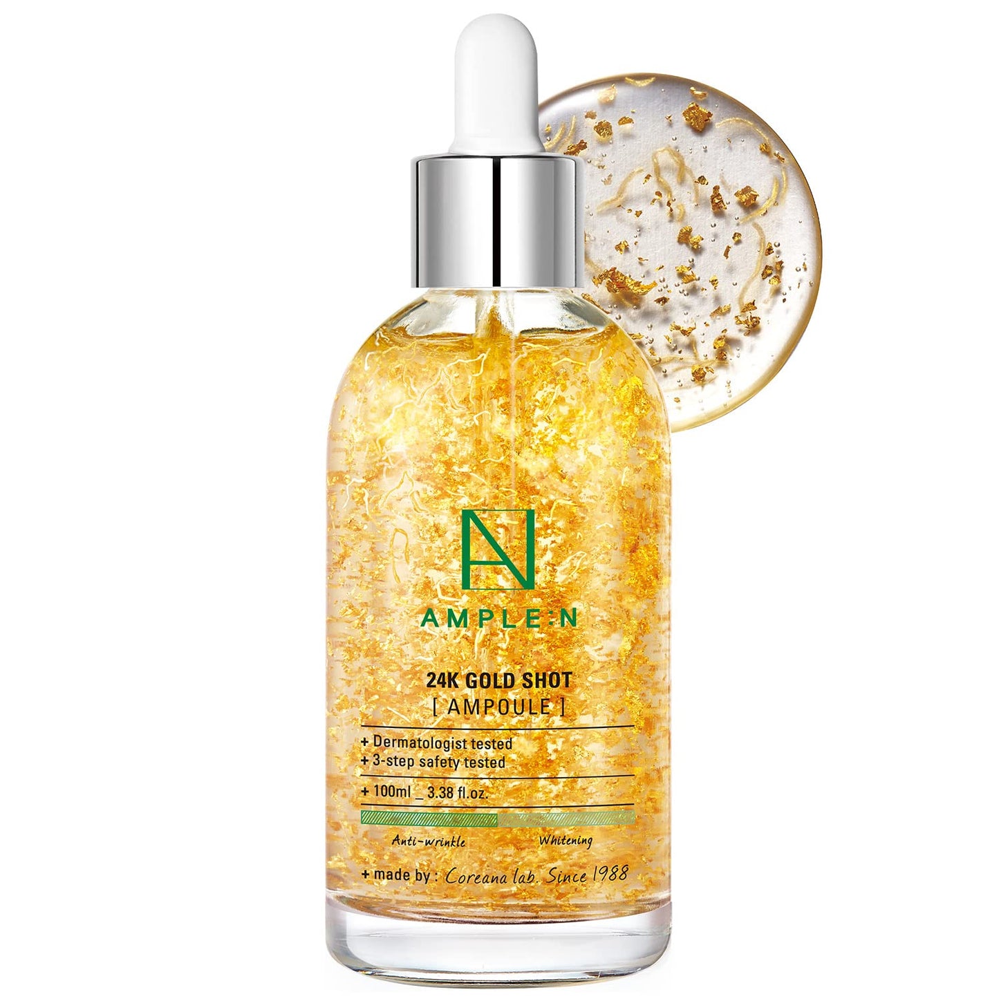 AMPLE:N 24k Gold Shot Serum - Korean 24K Gold Anti Aging Serum – Erasing Wrinkles and Fine Lines with Collagen & Peptides – Evens Skin Tone for Dull and Saggy Skin - 3.38 fl.oz.