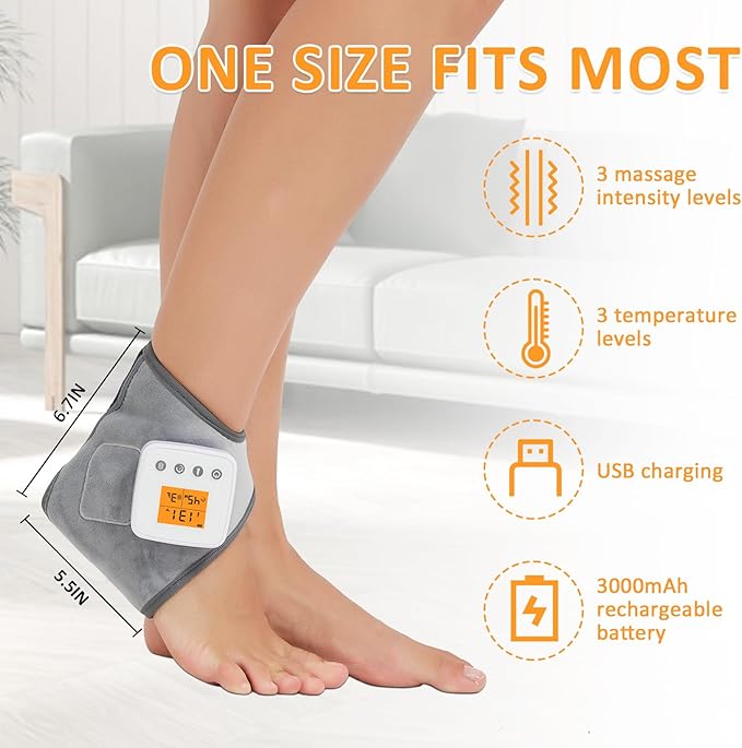 Ankle Massager for Pain Relief,Cordless Ankle Heating Pad with Heat Vibration Massage for Achilles Tendonitis,Rechargeable Heated Brace Wrap Warmer,3 Vibration and Heating, Auto Shut Off