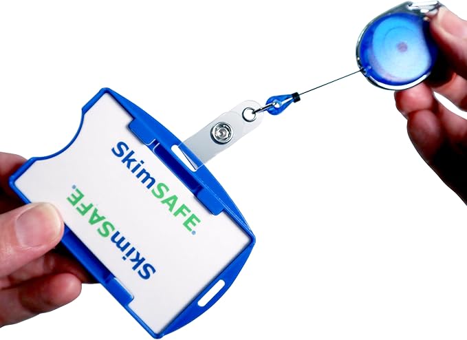 2 Pack - RFID Blocking Badge Holder with Retractable Carabiner Clip Badge Reel - Dual Sided - SkimSAFE Skimming Protection - 2 Card Shield for 13.56MHz Radio Signal by Specialist ID (Royal Blue)