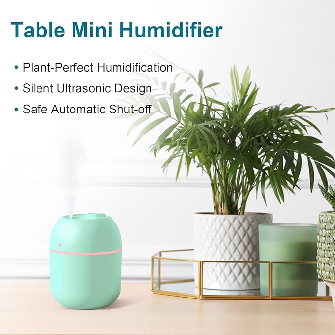 Portable Small Humidifier, USB Personal Desktop Humidifier for Car, Office Room, Bedroom, Auto Shut-Off, 2 Mist Modes, Super Quiet(220ml, Green)