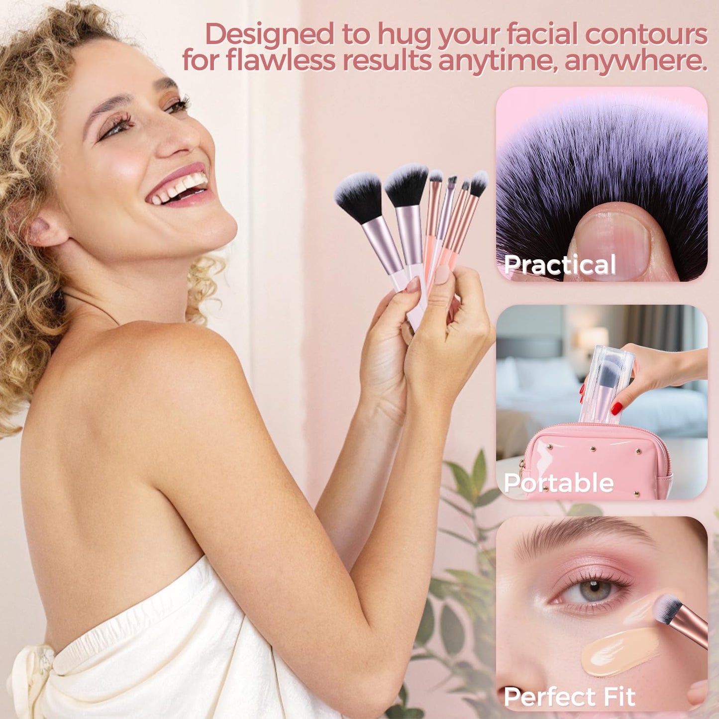 MOGILAN Travel Makeup Brush Set Mini Makeup Brushes For Foundation Concealer Eyeshadow Blush Blending & Buffing Liquid Cream Powder 6PCS Travel Size Complete Function Cosmetic Brushes Kit with Case