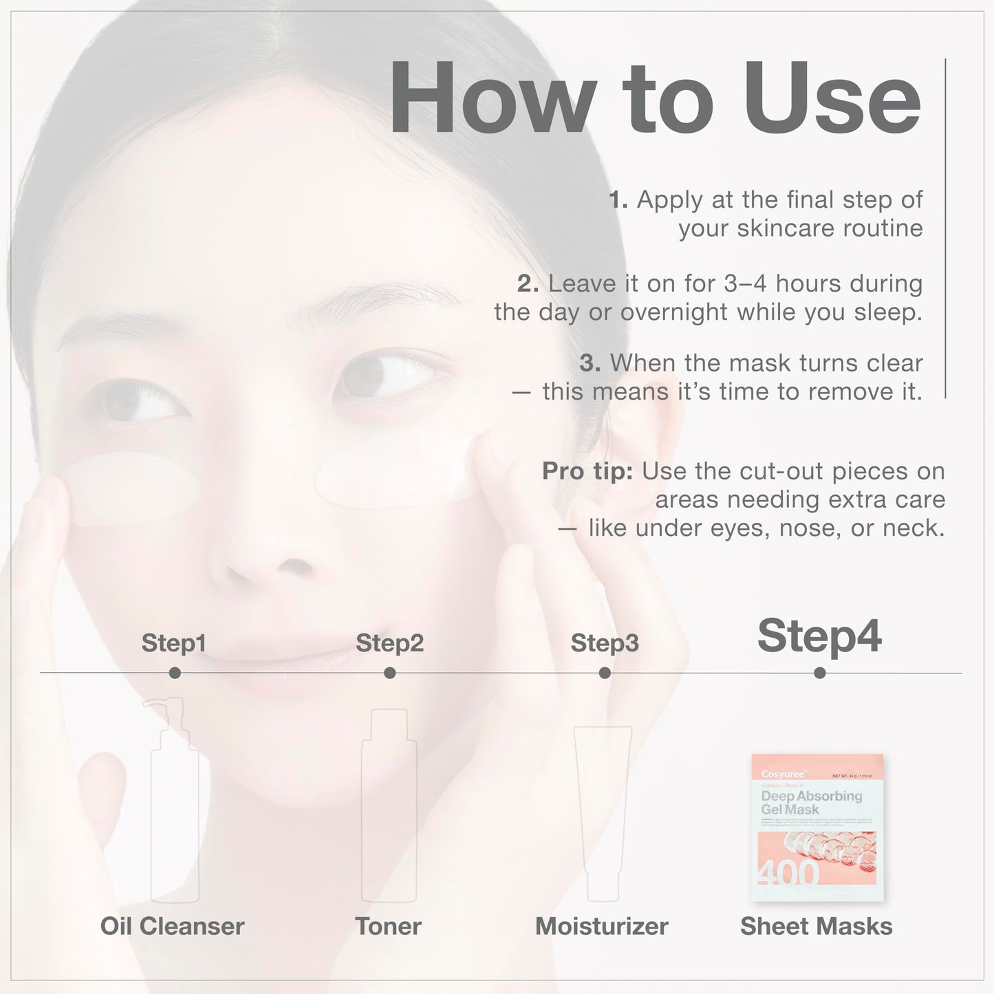 COSYUREE Collagen Deep Absorbing Hydrogel Mask (50g x 5ea) Korean Collagen Face Mask for Deep Hydration, Skin Firming, & Rejuvenation, Overnight Hydrating Gel with Pepta-18