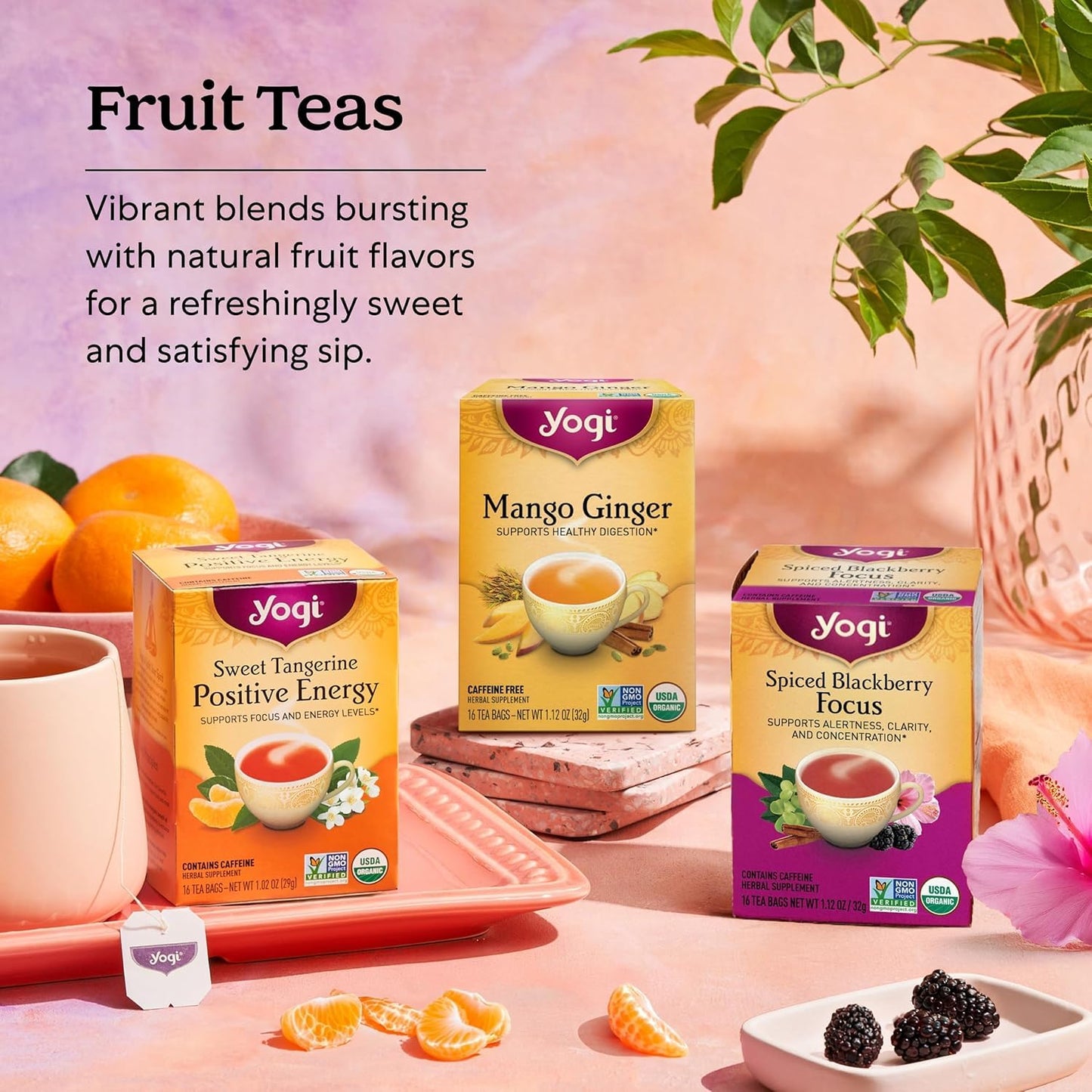 Yogi Tea - Fruity Tea Variety Sampler, 16 Tea Bags per pack (6 Packs) – Black, Green & Herbal Assorted Flavors: Sweet Clementine, Blackberry, Tangerine, Lemon, Strawberry, Mango & More