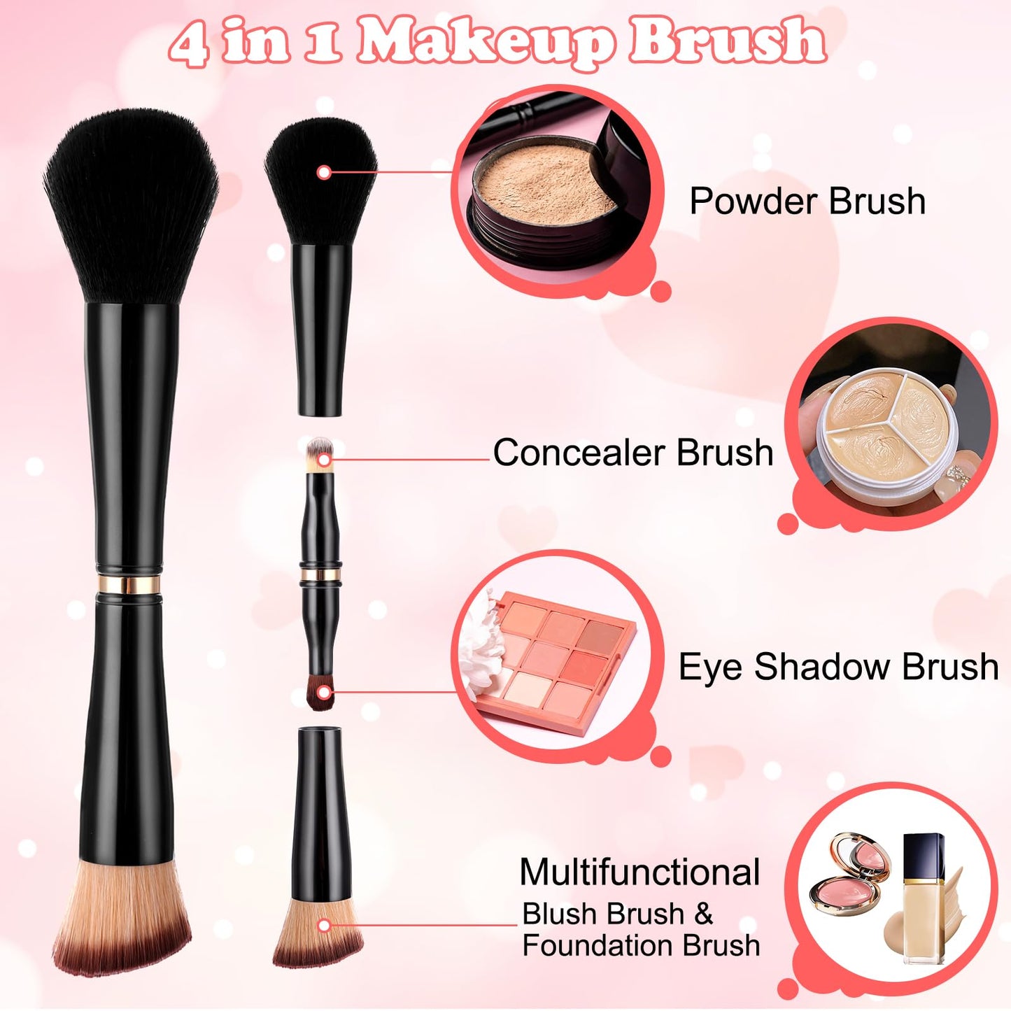Travel Makeup Brushes with Case, 4 in 1 Makeup Brush Set, Foundation/Blush Brush, Eyeshadow Brush, Concealer Brush, Dual-Ended Makeup Brush Ideal for Foundation, Concealer, Eyeshadow