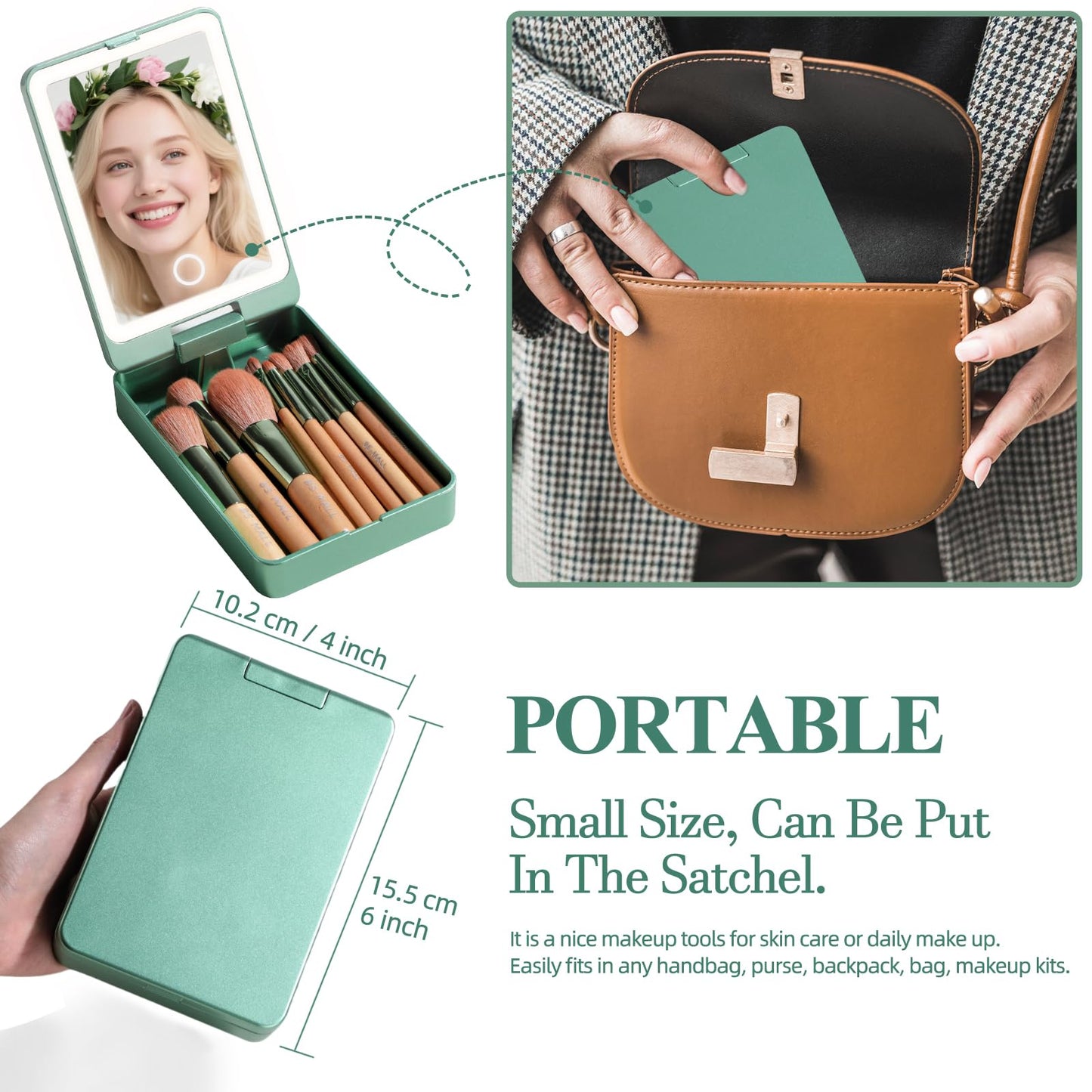 BS-MALL Travel Makeup Brush Set – 14 Pcs Foundation Powder Concealers Eye Shadows with LED Light Mirror, Green