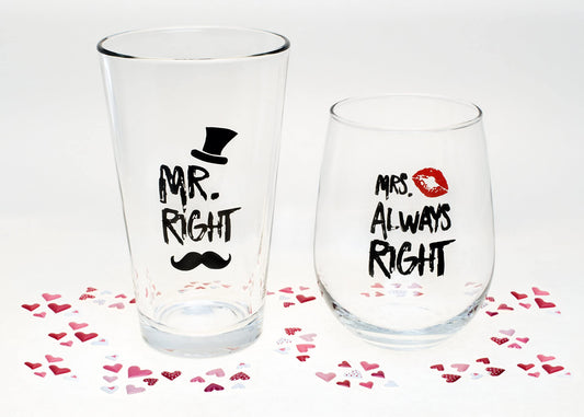 Funny Mr. Right and Mrs. Always Right Novelty Wine Glass and Beer Glass | Includes Fun, Stylish Gift Box | For Weddings, Engagement, Newlywed, Bachelorette, Anniversary, Couples Gifts