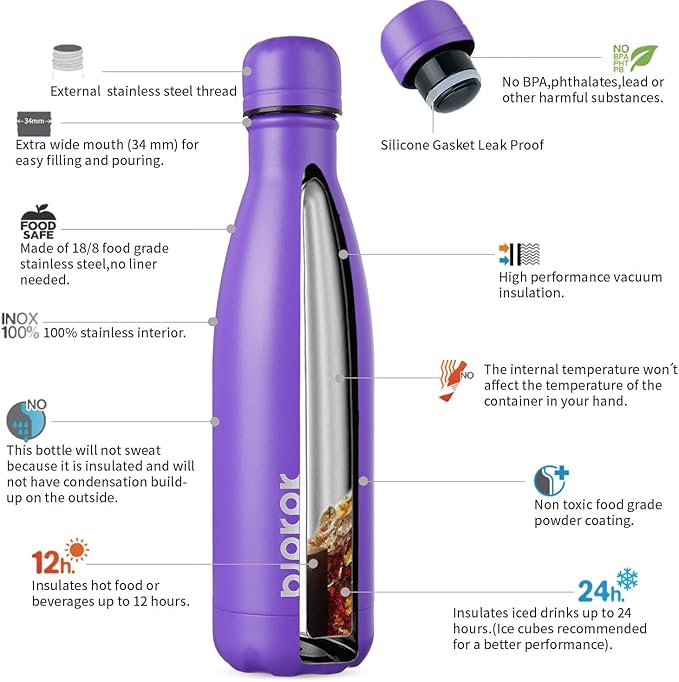 BJPKPK 17oz Insulated Stainless Steel Water Bottles,Sports Water Bottles Keep Cold for 24 Hours and Hot for 12 Hours,BPA Free for Travel,Purple cap