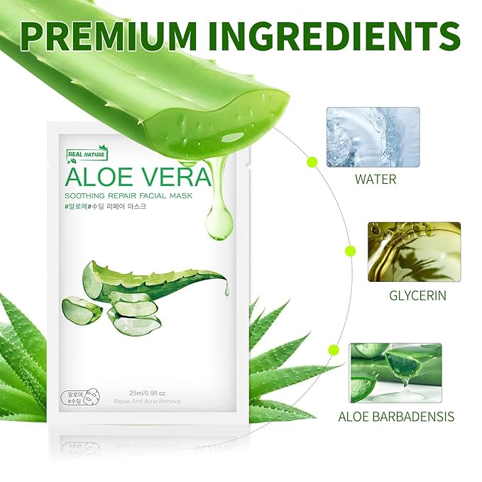 Aloe Vera Face Mask,Hydrating Face Masks Skincare For Dry, Oily,Sensitive Skin,Aloe Facial Skincare Sheet For Moisturizing, Soothing, Calming, Sun Care,Acne, Facial Masks for Women Skin Care 10-Pack