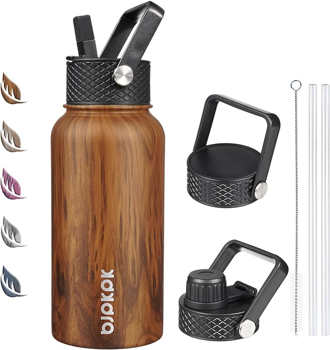 BJPKPK Insulated Water Bottles with Straw Lid, 27oz Stainless Steel Water Bottle with 3 Lids, Leak Proof BPA Free Metal Thermo, Mugs, Tumblers, Keep Cold Hot - Teakwood
