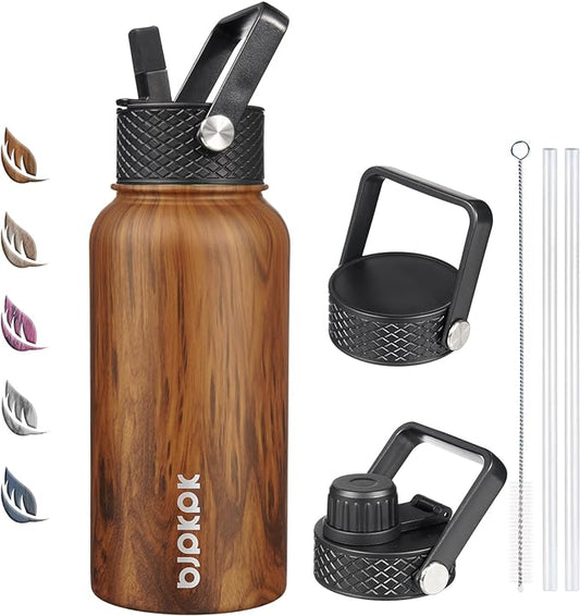 BJPKPK Insulated Water Bottles with Straw Lid, 27oz Stainless Steel Water Bottle with 3 Lids, Leak Proof BPA Free Metal Thermo, Mugs, Tumblers, Keep Cold Hot - Teakwood