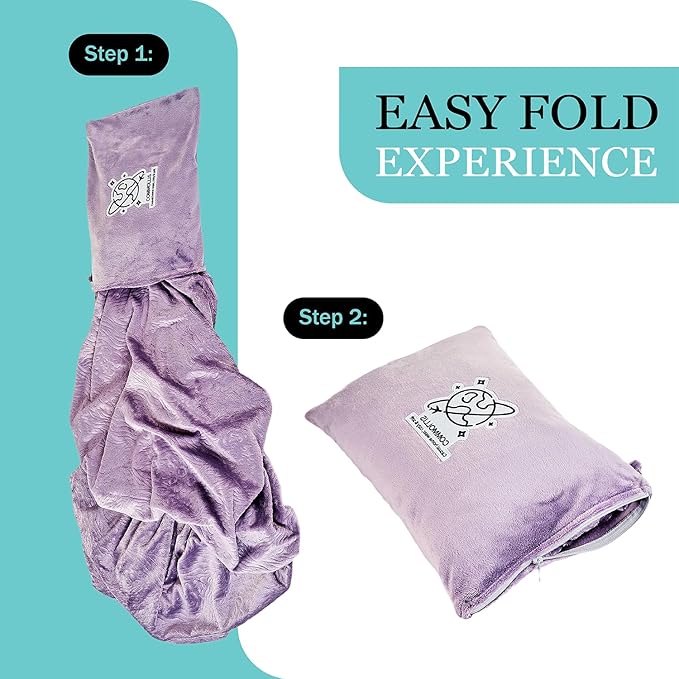 Commollis 2-in-1 Travel Blanket & Pillow for Airplane, Car, Train - Warm Compact Flight Blanket with Luggage Strap & Backpack Clip, Machine Washable, All-Season Use