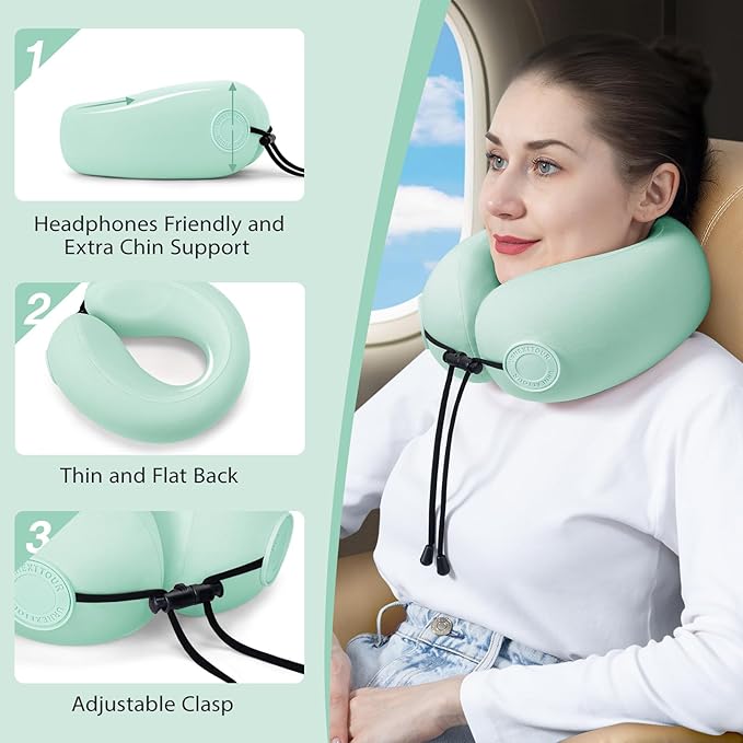 Travel Neck Pillows for Airplane Adults, Memory Foam Neck Support Travelling Pillow with Washable Cotton Pillowcases and Storage Bag, for Car, Train, Flight, Office and Home Use Adult Green