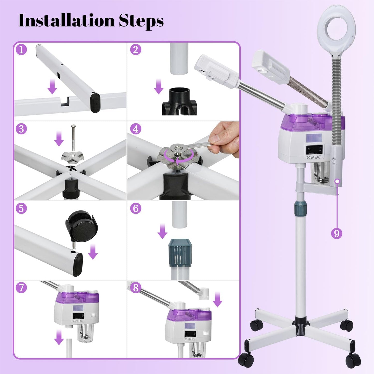 3 in 1 Facial Steamer,Professional Facial Steamer with 5X Magnifying LED Lamp, Esthetician Steamer with Hot & Cold Mist, Face Steamer On Wheels for Salon Spa Beauty Skin Care