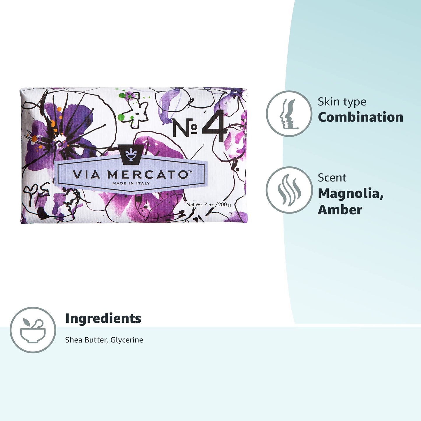 Via Mercato Italian Soap Bar (200 g), No. 4 - Violets, Magnolia & Amber