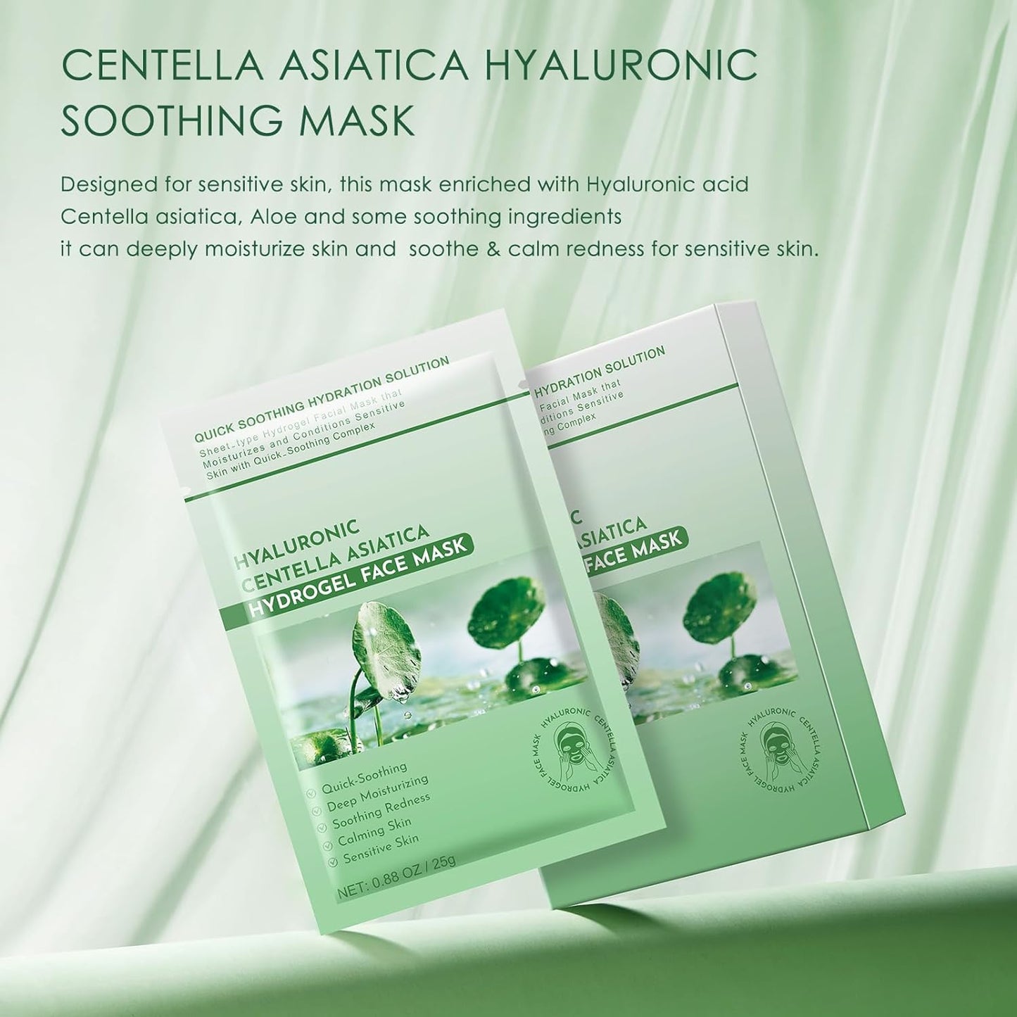 Centella Asiatica Soothing Facial Masks Calming Sheet Mask Hyaluronic Acid Hydrating Sheet Face Mask for Sensitive Skin,Centella Asiatica Calming Mask with Panthenol,Hydrogel Sheet Mask,10 Pack