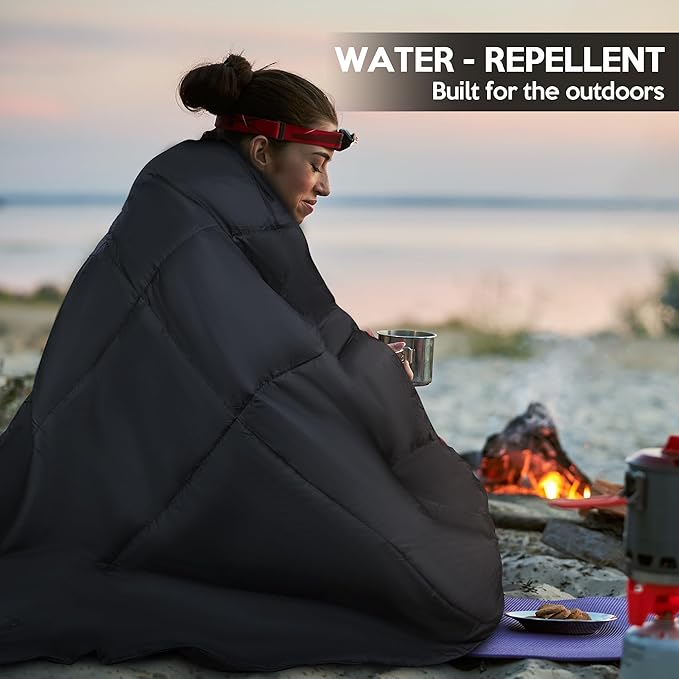 Camping Blanket, 2-in-1 Wearable Puffy Camping Blanket with Hood & Snap Buttons Waterproof Lightweight Travel Blanket Converts to Pillow for Backpacking, Beach, Picnics, Stadium (Black)