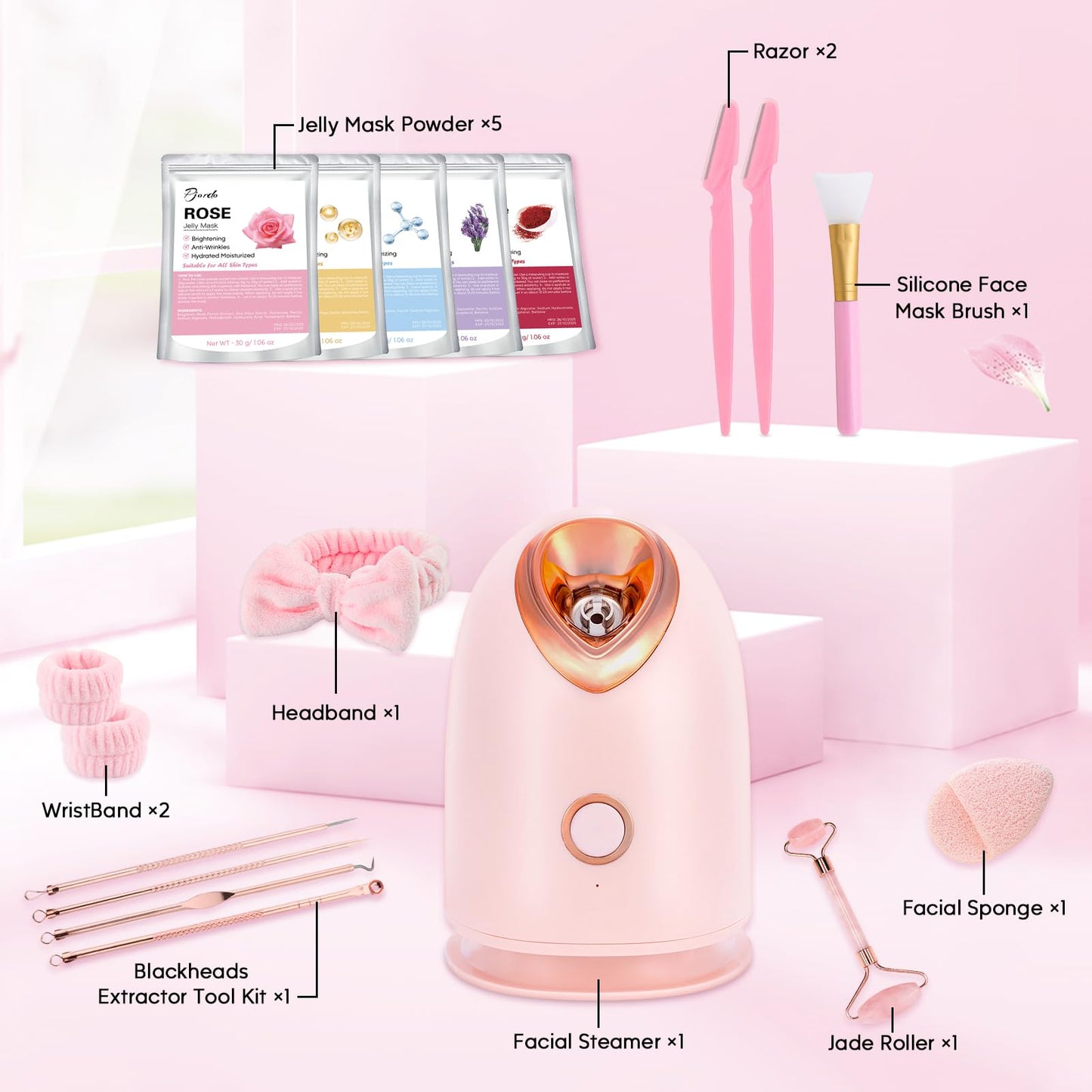 Pjordo Facial Steamer Spa Kit with 17 Skin Care Tools, Nano Ionic Face Steamer for Deep Cleaning Unclogs Pores, Warm Mist Humidifier Steamer for Face Home Sauna SPA, Self Care Gifts for Women