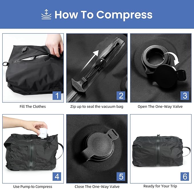 BAGAIL TPU Vacuum Bag for Travel, Reusable Compression Bag with IPX8 Waterproof Zipper, Save Space for Suitcase, Backpack and Carry on (Black, Large, With Pump)