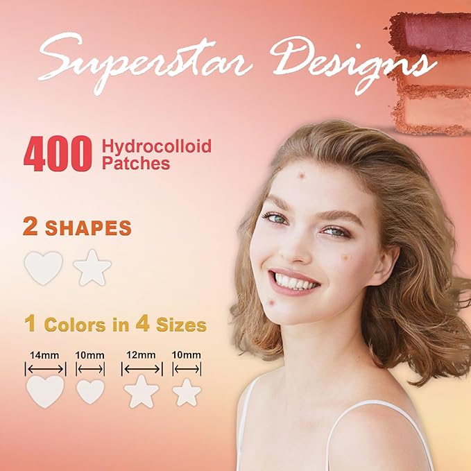 Clear Pimple Patches for Face 3 Size 400 Counts, Hydrocolloid Cute Star Acne Patches for Covering Zits and Blemishes, Zit Patches Spot Stickers Salicylic Acid,Tea Tree Oil, Pimple Popper Tool Kit