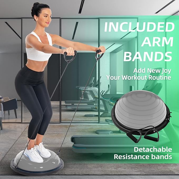 Balance Ball Trainer-Half Ball for Yoga with Resistance Band and Foot Pump, Improve Workout Half Balance Ball,Exercise Balance Ball for Stability Training and Home Gym