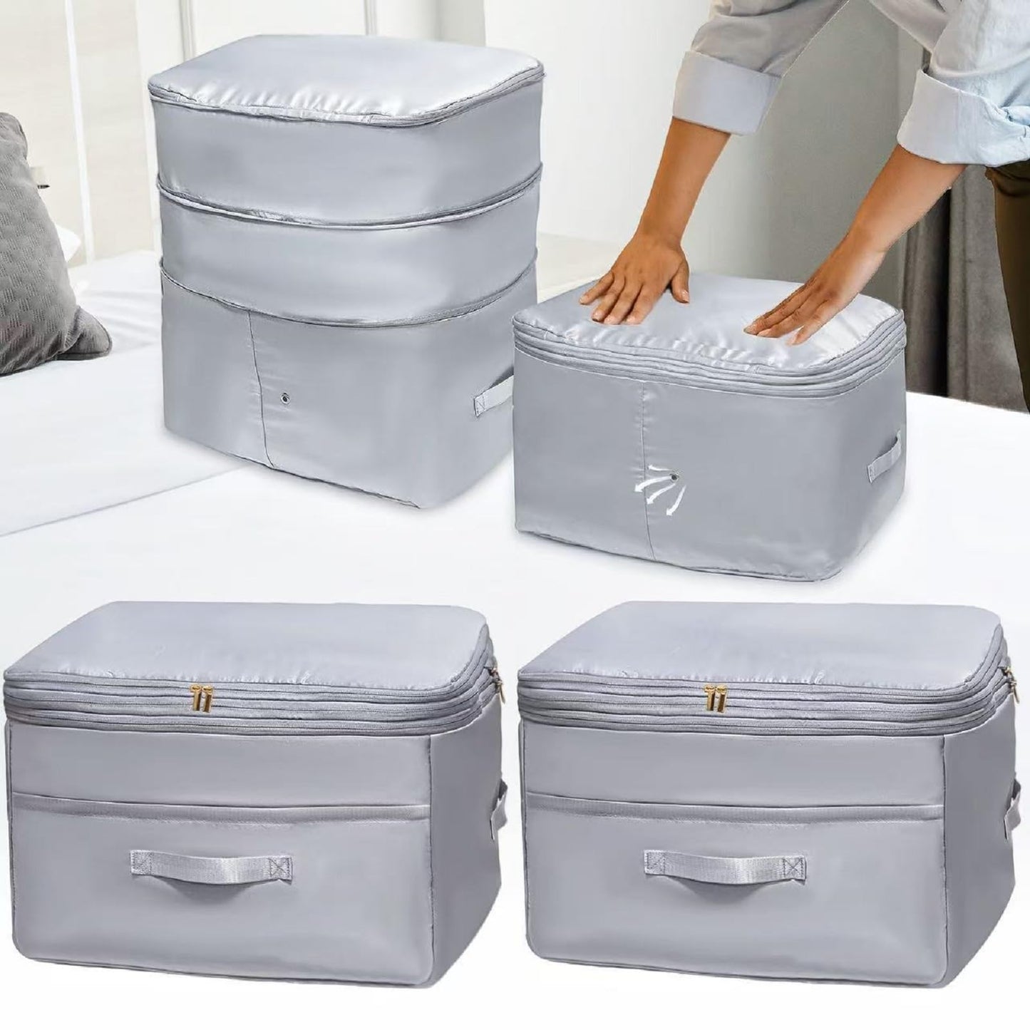 Ultra Space Saving Self Compression Organizers, 2 Pack Double Zipper Compression Packing Cubes for Bedding, Comforter Storage Bag for Blankets Duvet Quilts Pillows Queen King (Gray, X-Large)