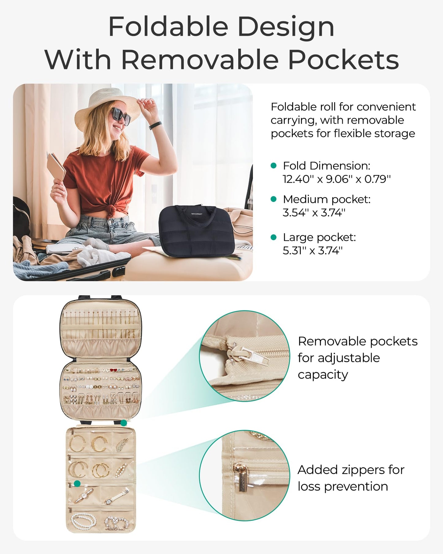 BAGSMART Jewelry Travel Case, Hanging Jewelry Organizer with Zipper Pockets, Large Capacity Puffy Jewelry Roll for Earrings, Necklaces, Rings on Closet, Wall, Door, Portable Travel Essentials, Black