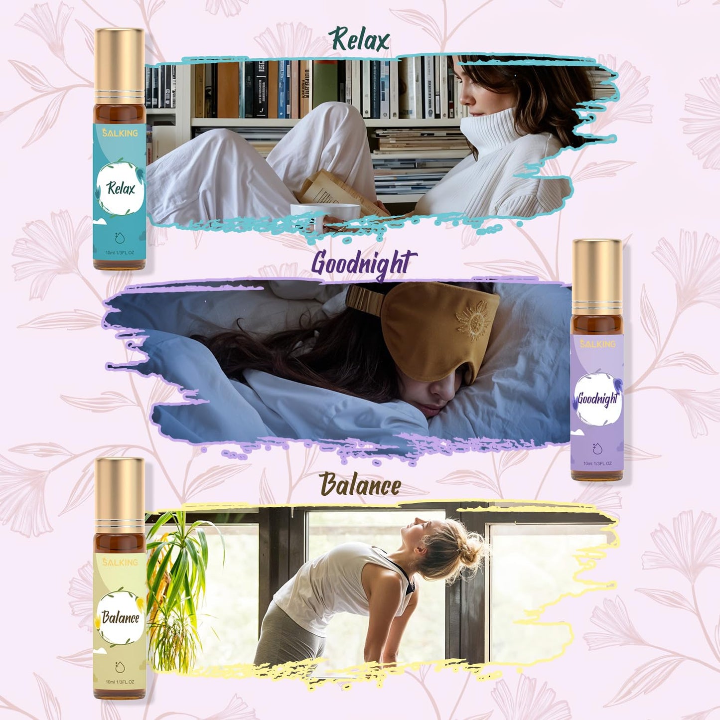 SALKING Essential Oils Roll On Set (6 Pack), Aromatherapy Oil Natural Pre-diluted Blend Oils for Skin Use, Natural Fragrance Gift for Women and Men