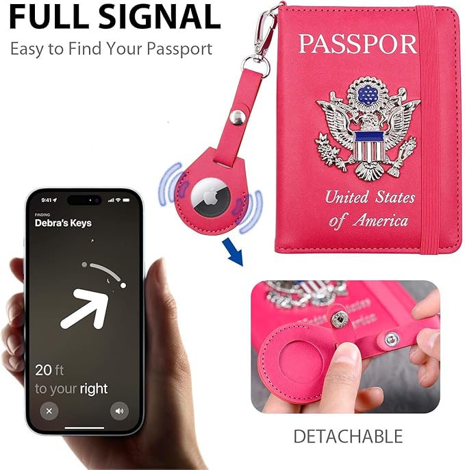 Cnycmy Passport Holder with Airtag slot,Passport-Wallet-Holder for Women,for Family, Rfid Passport Book Card Slot Waterproof, passport holder for travel (rose red1)