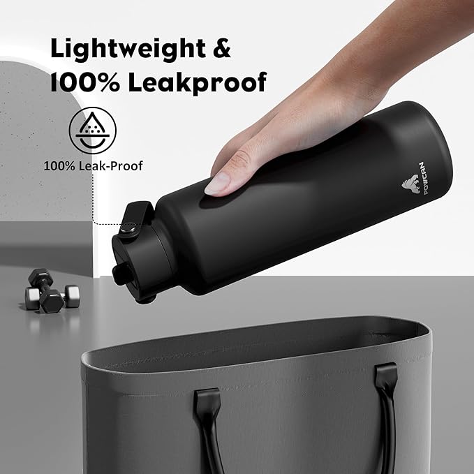 24 oz Slim Insulated Water Bottle for Outdoors: Leakproof, Flex Cap, Lightweight, Cold for 24 Hrs, Double Walled Stainless Steel Thermos with Straw for Travel, Hiking, Biking, Sport (Midnight Black)