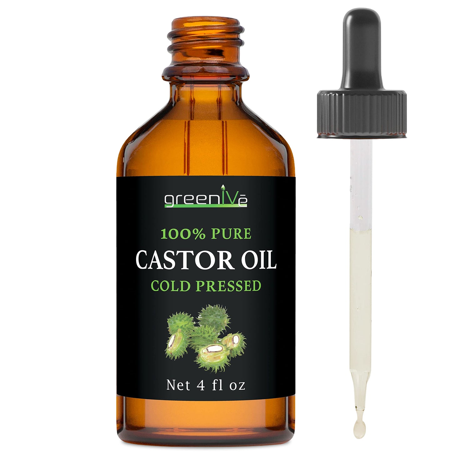 GreenIVe Castor Oil 100% Pure 4 fl oz Bottle Cold Pressed, Hexane Free, Eyelash and Eyebrow Growth Serum, Skin Moisturizer Detox and Wraps