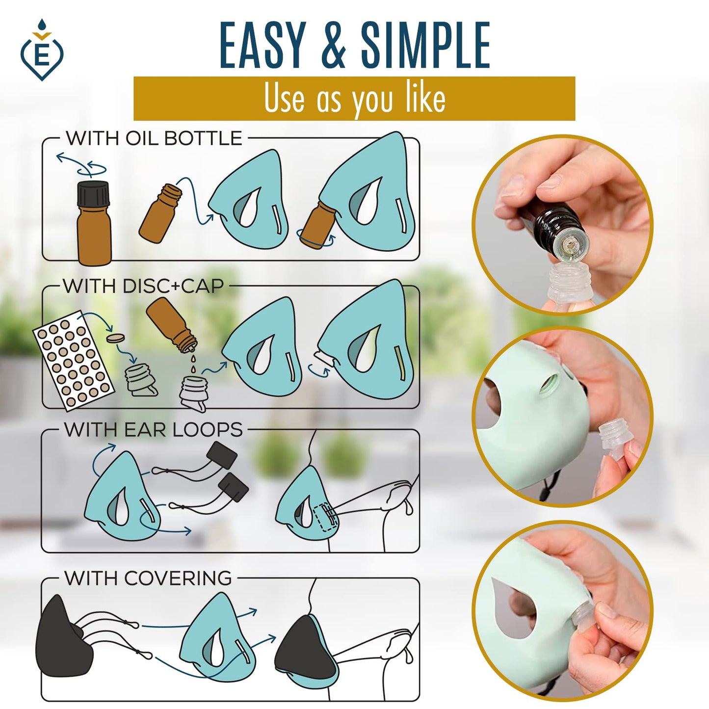 EsScents Aromatherapy Inhaler Scented Mask - Essential Oils Personal Diffuser - Discrete Essential Oil Inhaler Mask - On-The-Go Essential Oils Sniffer, Wearable Vapor Inhaler - Soft Silicone Face Mask