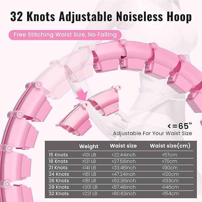 65inch 32 Knots Plus Size Quiet Weighted Hula Infinity Fitness Detachable Hoops Smart Silent Infinity Hula for Women 2 in 1 Waist and Abdominal Workout Hoop
