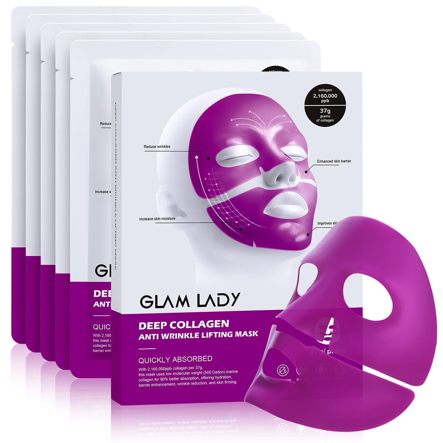 Glam Lady Bio-Collagen Face Mask Korean Skincare Hydrating Anti Wrinkle Lifting Overnight Real Deep Mask with Niacinamide and Hyaluronic Acid