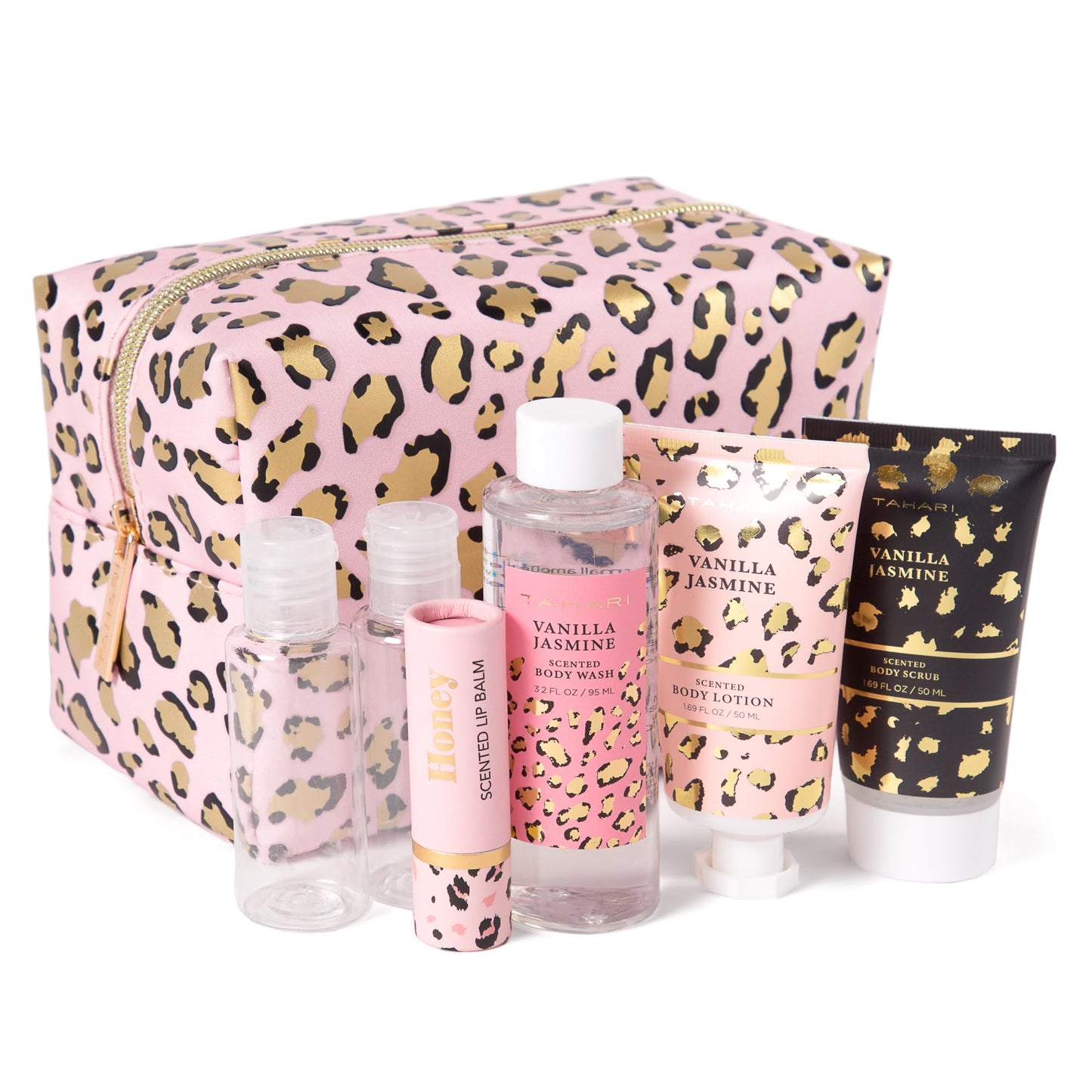 Tahari Vanilla Jasmine Spa Gift Set for Women – Luxurious Bath Kit with Body Lotion, Body Scrub, Body Wash & Lip Balm with Bag – Perfect Selfcare Gifts for Women (Leopard)