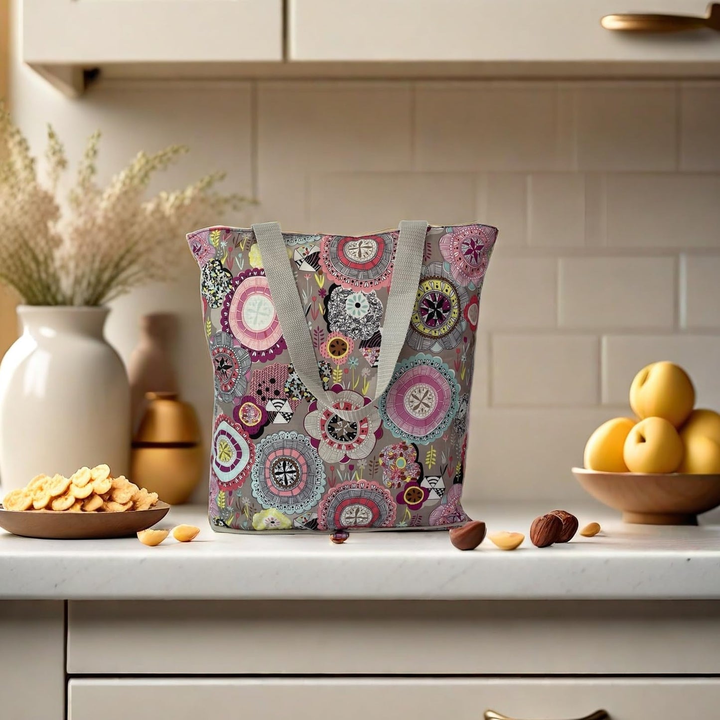 Konish Reusable Foldable Grocery Bags Folding Shopping Tote with Zipper(Grey Floral)