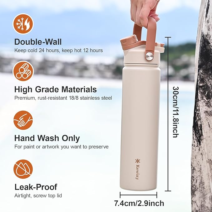 24 oz Insulated Water Bottle, 2-in-1 Lid, Straw & Spout with Protected, Leak Proof, Keep Cold, Stainless Steel, Metal, Reusable, Handle, for Travel, Gym and School, 2 Lids, Mousse
