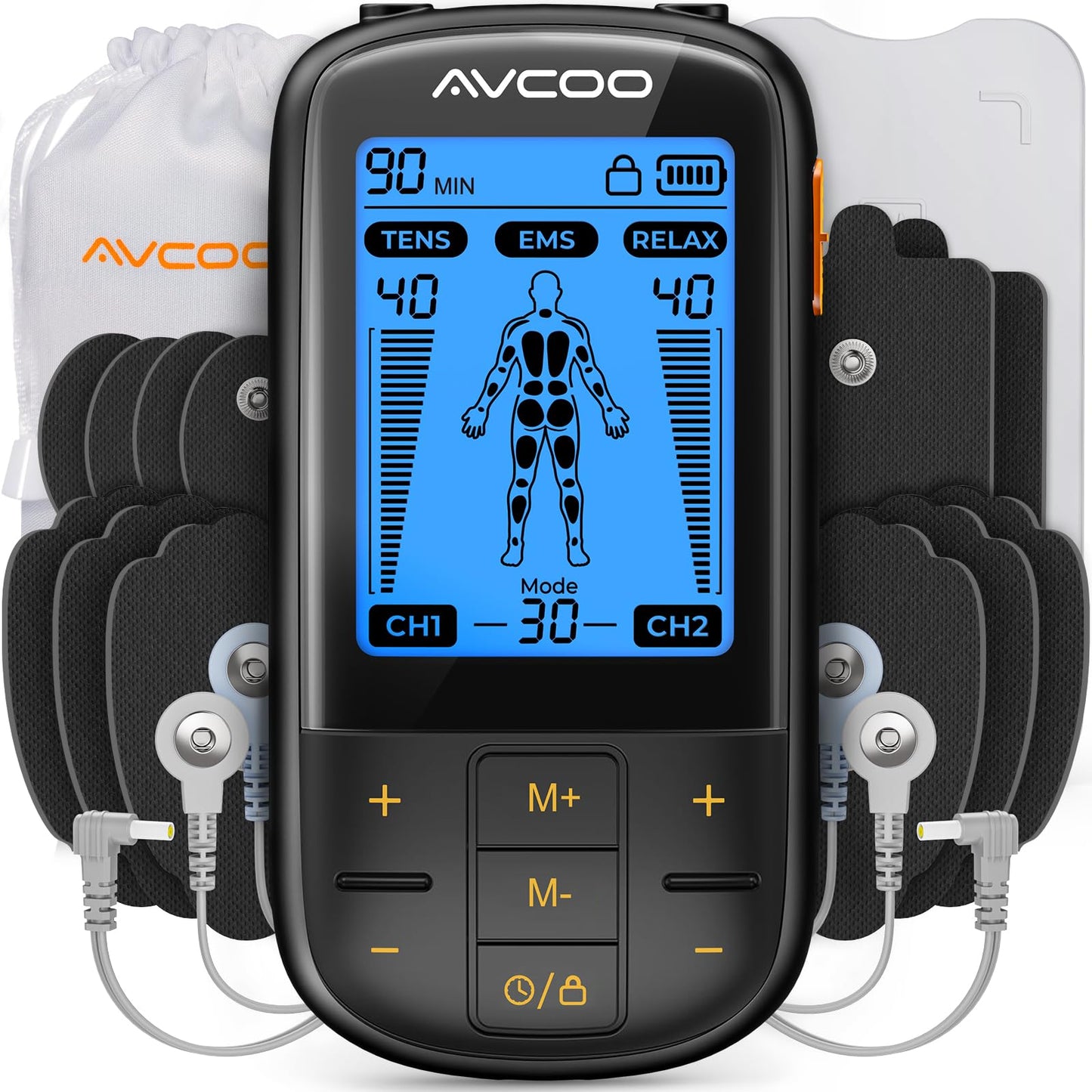 AVCOO 3-in-1 TENS Unit Muscle Stimulator with 30 Modes, 40 Intensities TENS Machine for Gradual Back Pain Relief Therapy, Rechargeable EMS Unit Massager with 12 TENS Electrode Pads, a Storage Bag
