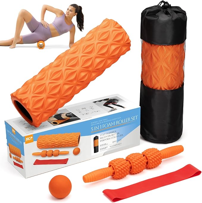5 in1 Foam Roller Set, Trigger Point Foam Roller, Massage Roller Stick, Massage Ball, Resistance Band for Deep Muscle Massage Pilates Yoga,Fitness Exercise for Whole Body (Pure Orange)