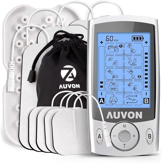 AUVON Dual Channel TENS Unit Muscle Stimulator Machine with 20 Modes, 2" and 2"x4" TENS Unit Electrode Pads