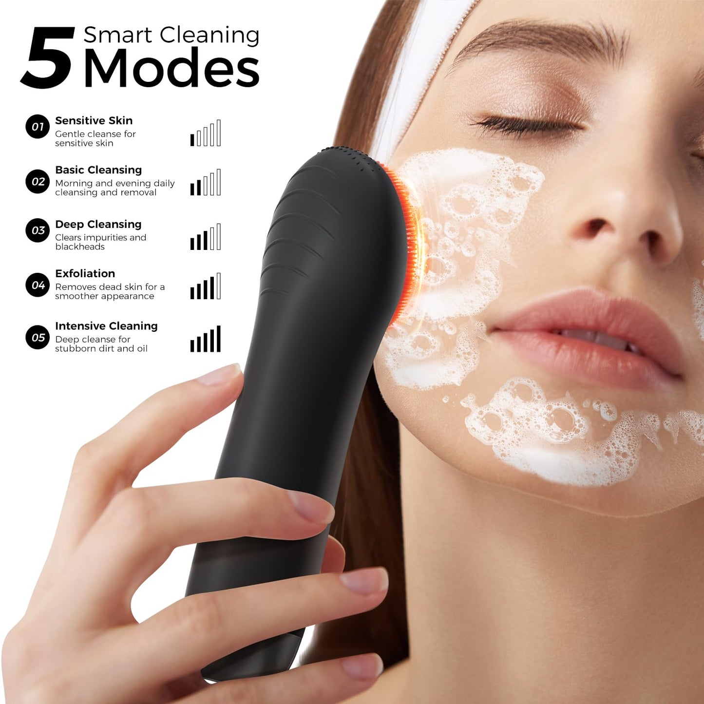 Ccigedy Facial Cleansing Brush Face Scrubber - Rechargeable Electric Face Cleansing Brush with 4 LED Gentle Light Liquid Silicone Modes Exfoliator,IPX7 Waterproof Ideal Gift for Men and Women-Black